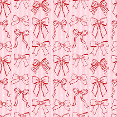 Coquette Seamless Pattern Valentine Red ribbon bows line art hand drawn in whimsical Groovy retro isolated on Stripes background