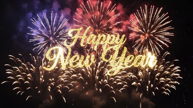 Vibrant New Year Fireworks Display Illuminates the Night Sky with a Happy New Year Sign.
