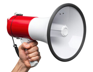 Fototapeta premium Hand holding a red and white megaphone for announcements or protests. Isolated on transparent background