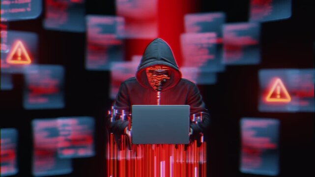 Hooded hacker with glitch face using laptop. Cyber security threat, data breach, digital crime concept. Warning signs, red light, dark background. Anonymity, privacy violation, hacking danger.