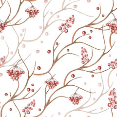 Delicate branches with berries in a seamless pattern. Watercolor illustration of plants on a pink and green background for interior design, printing on fabric, posters, and home textiles.