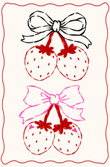 Whimsical Coquette Valentine strawberry cherries with ribbon bow outline wavy hand drawn with vintage retro vibe set