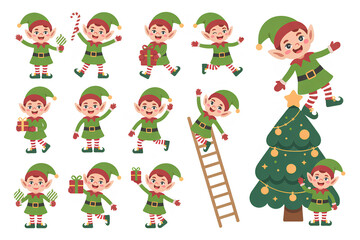 Naklejka premium Holiday elves collection decorating christmas tree and holding gifts for festive projects