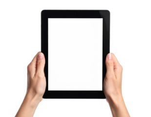 Hand holding a tablet device with a blank screen for mockup. Isolated on transparent background