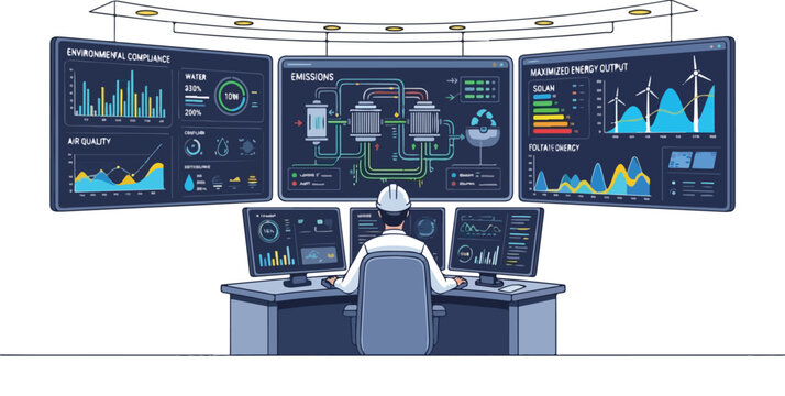 Control room operator monitoring multiple screens displaying various graphs and data visualizations in a futuristic command center environment from a rear viewpoint