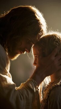 Jesus gently comforting a lonely person, emotional atmosphere, compassion, comfort, faith, and spiritual solace.