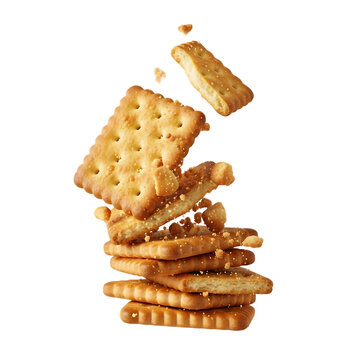 A delicious stack of golden rectangular crackers falling and breaking apart against a stark black background