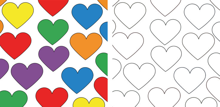 Colorful rainbow heart seamless pattern background and black white outline coloring book page vector illustration for Valentine day decoration