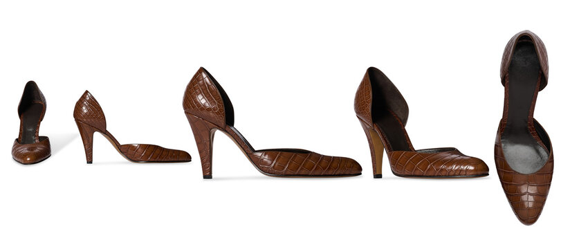 Set of Women Brown Stylish high heel stiletto shoe , This fashion-forward women’s footwear features a pointed toe and high-thin heel all side view - Powered by Adobe