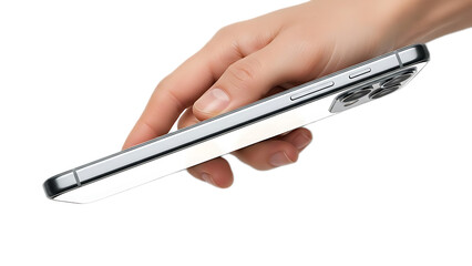 Fototapeta premium A silver smartphone is being held in a hand showcasing its sleek design and metallic frame on a black background