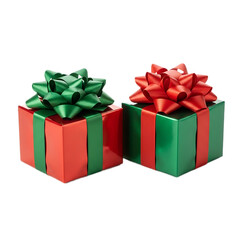 Obraz premium Two brightly colored gift boxes with festive green and red ribbons are presented against a stark black background