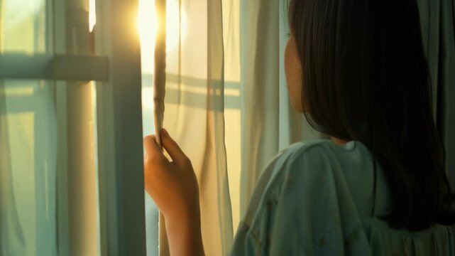 A woman with her hand on a window frame looking outside, conveying introspection or daydreaming.