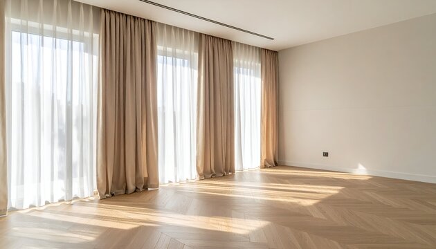 Empty room, sunlight, layered curtains, parquet floor; minimal, bright