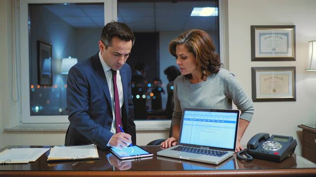 after hours office white male executive and white female consultant finalizing contract on tablet and laptop - reviewing spreadsheets and reports - pointing at signature - desk lamp glow - city