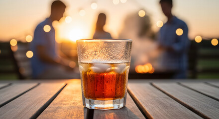 Iced drink on wooden patio table at sunset during outdoor social