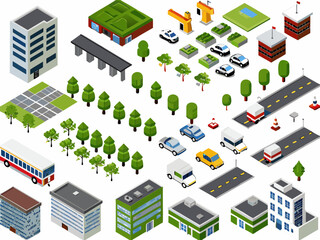 Isometric city elements buildings roads trees vehicles and infrastructure