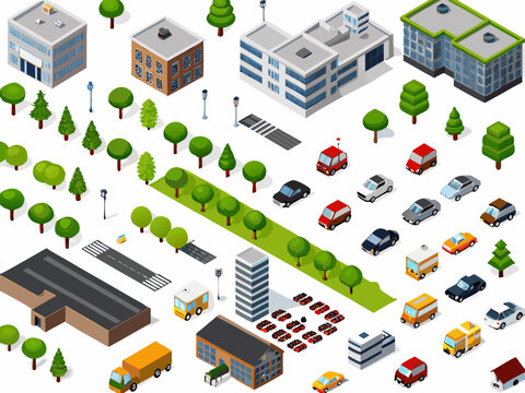 Isometric city illustration featuring buildings trees roads and various vehicles