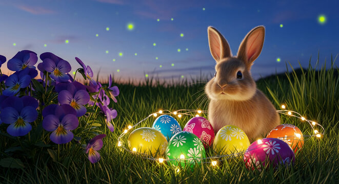 Fluffy brown rabbit sits among colorful egg and violet flower on green grass, surrounded by fairy lights, during twilight, representative of Easter - Powered by Adobe