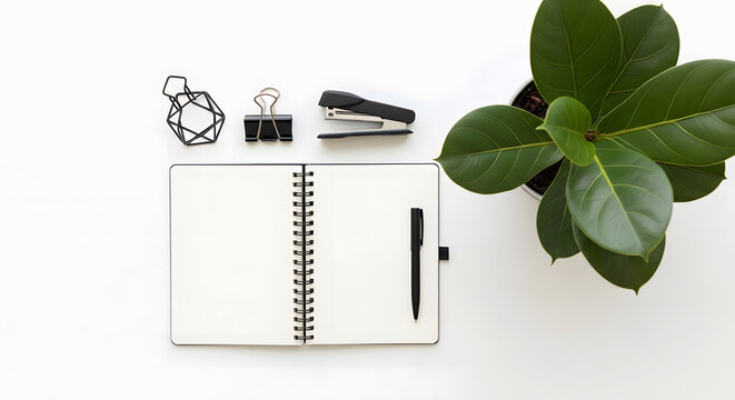 Minimalist flat lay of open notebook, black office supplies, and