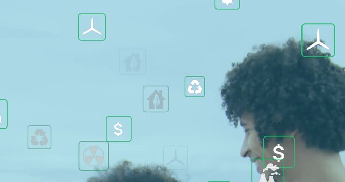 Social media icons with increasing numbers over speech bubbles floating against cityscape