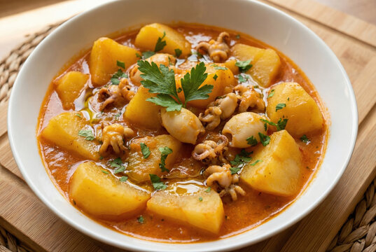 Plato hondo de papas con chocos tradicionales, con patatas tiernas y chocos peque&ntilde;os en una salsa espesa de color naranja, decorado con perejil fresco y servido sobre una tabla de madera