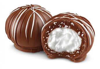 Obraz premium Chocolate candies with white lines and a creamy filling on white background