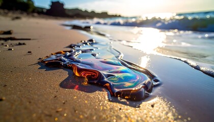Obraz premium Iridescent slick on beach sand, waves, sunset