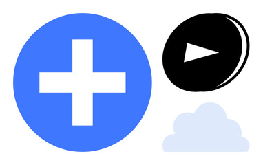 Fototapeta premium Healthcare, cloud computing, multimedia, streaming services, technology concepts. A blue cross icon, a black play button, and a light cloud shape. Healthcare and cloud computing