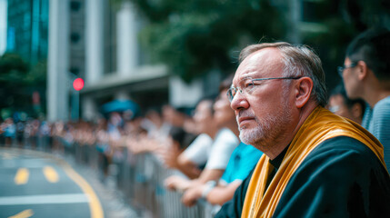 Fototapeta premium Close-up of a solemn priest in ornate vestments during an outdoor religious procession, with bright daylight and blurred crowd behind