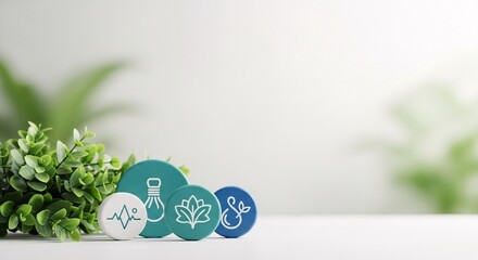 Health and wellness icons with plants and copy space