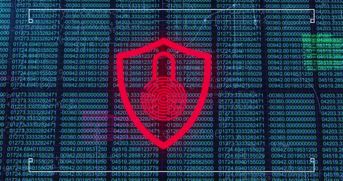 Digital animation of abstract shapes over neon blue like icon on round banner against brick wall