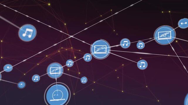 Animation of musical note and laptop icons interconnected with lines on abstract background
