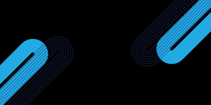 Minimalist geometric pattern with blue diagonal capsule shapes and thin rhythmic parallel lines on a black background