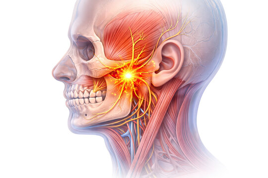 Human facial anatomy showing trigeminal nerve inflammation near jaw and cheek causing severe facial pain isolated on white background