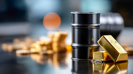 Black oil barrels with gold bars and coins, commodity finance concept with bokeh background