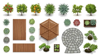 Fototapeta premium Collection of garden elements including trees fences and pathways isolated on white background