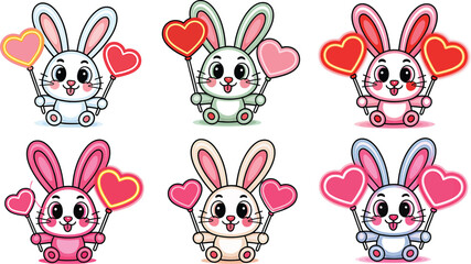 Fototapeta premium Cute cartoon bunnies holding heart balloons in various pastel colors perfect for Valentine's Day and love celebration themes
