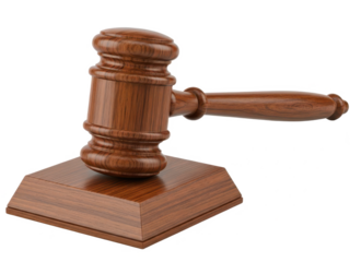 A wooden gavel sitting on a block isolated on transparent background for legal or judicial concepts