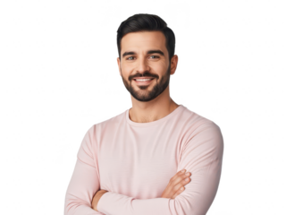 A smiling young man with arms crossed isolated on transparent background for business or casual concepts