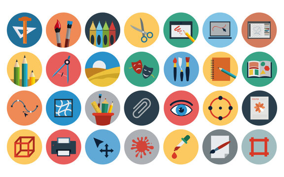 Set of graphic design and art tools vector icons in flat style