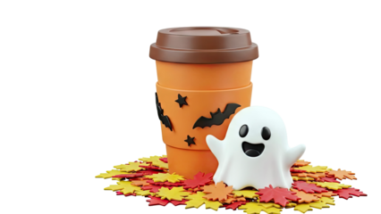 Halloween Coffee Cup with Ghost and Autumn Leaves
