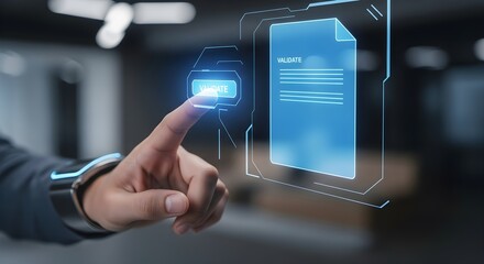 Businessman Hand Touching Futuristic Digital Interface Document Hologram