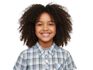 Smiling young girl with curly hair wearing plaid shirt isolated on transparent background