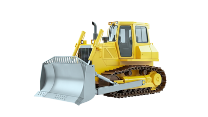 Yellow bulldozer with large front blade and tracks