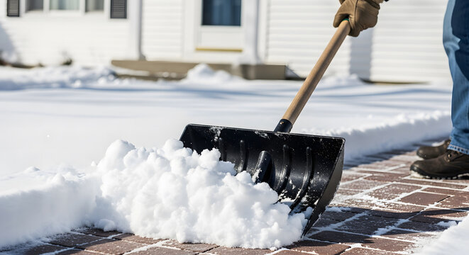 Person wearing gloves shoveling fresh white snow off a brick wal