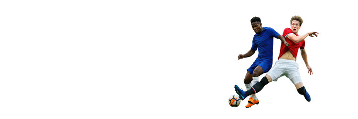 Soccer shoulder to shoulder duel for ball isolated on white background. Concept of physical football battle, competitive match moments, strength, sports advertising and editorial use. Banner