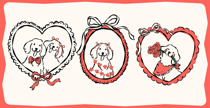 Whimsical Coquette Valentine Golden Retriever Dog Frames Outline Line Art Hand Drawn