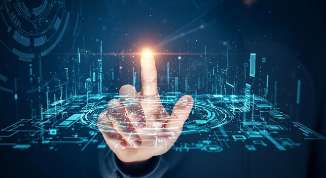 Human hand interacting with a futuristic digital interface, representing technology and innovation. - Powered by Adobe