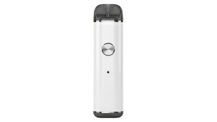 White pod vape device with a clear mouthpiece and a silver button