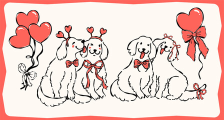 Whimsical Coquette Valentine Golden Retriever Dog Couple Outline Line Art Hand Drawn with Heart Balloons